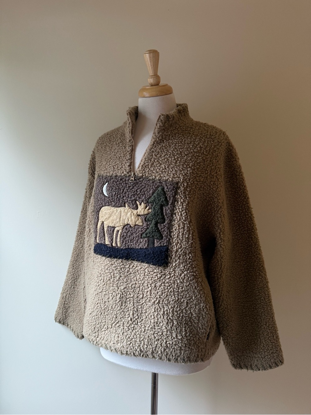 Vintage Woolrich Sherpa Fleece Moose Appliqué Quarter Zip Pullover